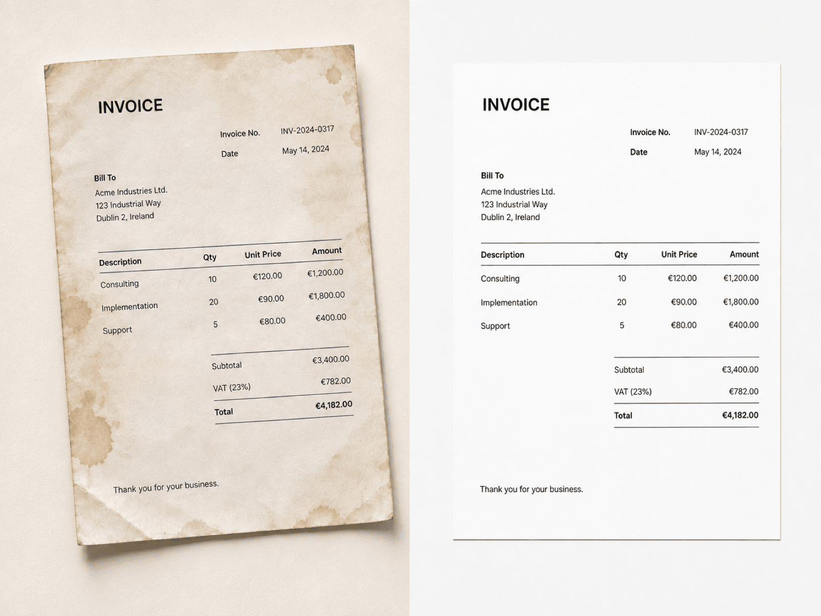 The same fictional invoice shown as a stained phone photo and a clean verified scan